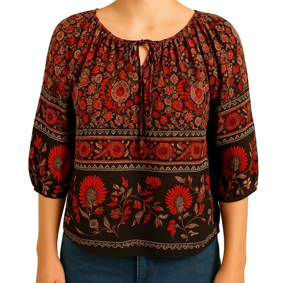 Joie Boho Floral Peasant Top Red Black Tie Neck Puff Sleeve Romantic Style Small - Picture 11 of 11